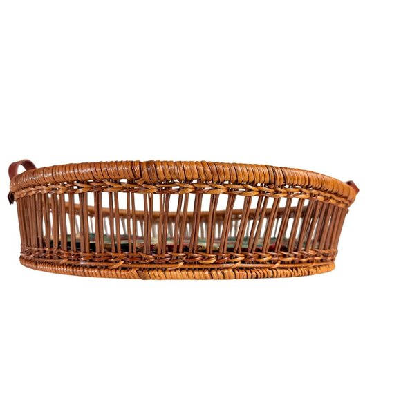 Rattan Round Serving Tray Wicker Leather Handles VTG 70s Kitchen Farmers Market - Picture 11 of 12